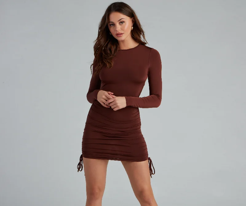 women's Mimi dresses with adjustable strapsRuched Babe Long Sleeve Mini Dress