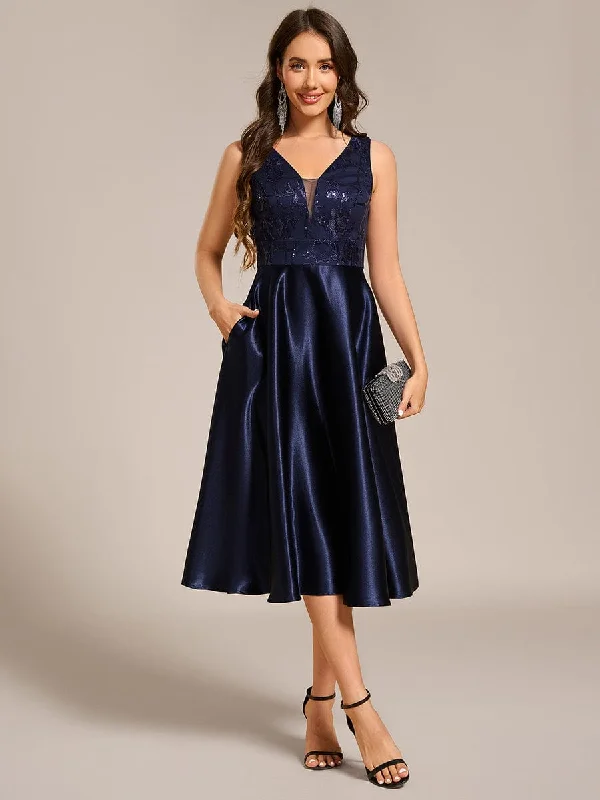 midi pencil dressesSleeveles A-Line Midi Satin Wedding Guest Dress with Pockets