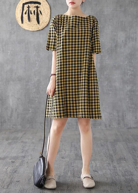 casual chic midi dressesElegant yellow plaid linen Tunics o neck half sleeve Midi summer Dress