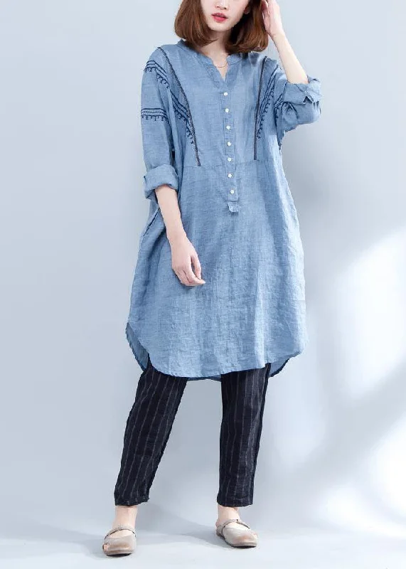 flowy midi dressesHandmade blue linen clothes embroidery Midi summer Dresses