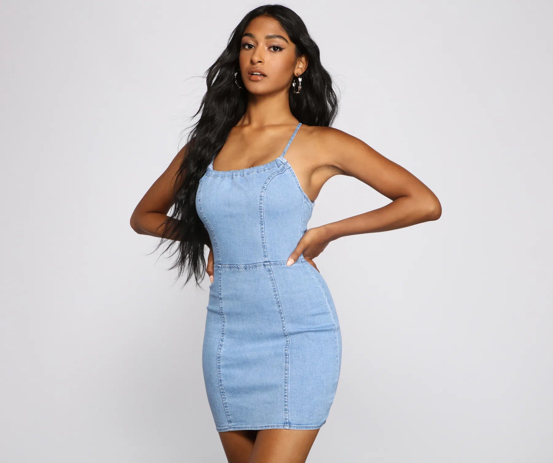 retro Mimi dresses inspired by the 70sDenim Dreams Lace-Up Mini Dress