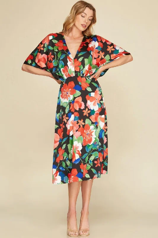 midi dresses for special occasionsBLACK SATIN FLORAL PRINT KIMONO SLEEVES WOVEN MIDI DRESS S12SY4864