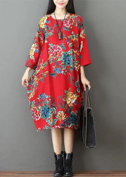 plus-size midi dressesfine red prints Midi-length linen dress trendy plus size holiday o neck linen cotton dress