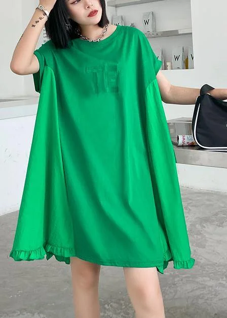 printed midi dressesWomen green embroidery Cotton Tunics o neck Midi summer Dress