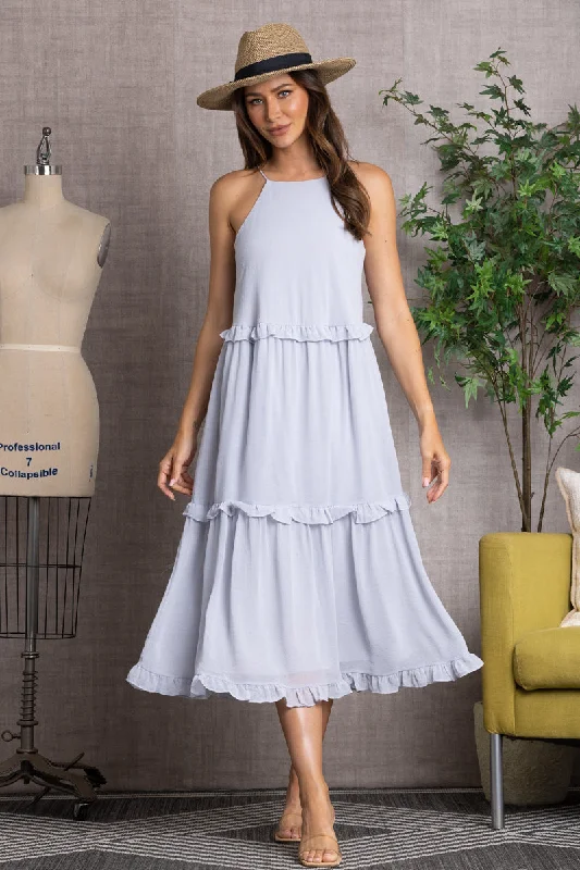 tween midi dressesBLUE GREY CRINKLED HALTER NECK RUFFLED MIDI DRESS-SS7515