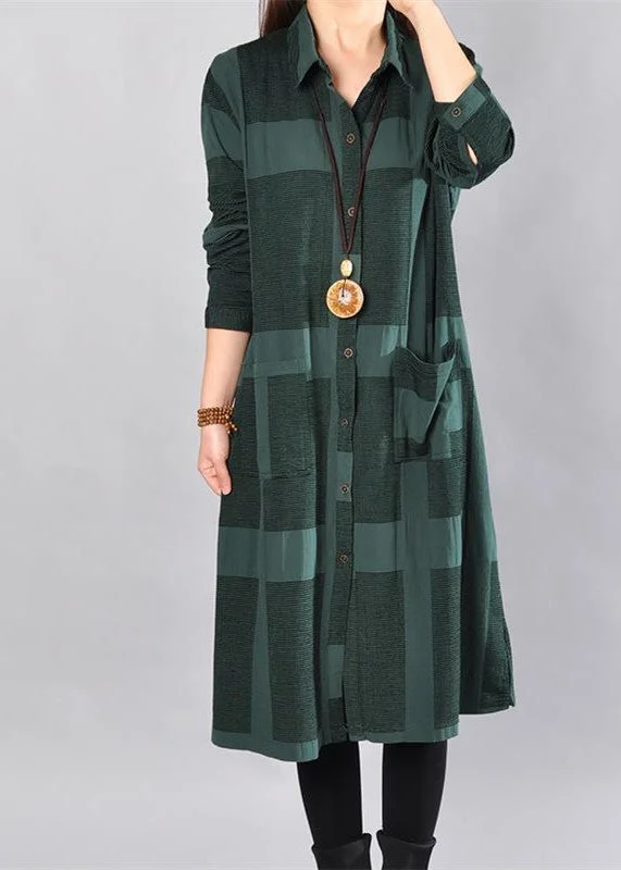 midi dresses in floral printsstylish blackish green Midi-length cotton dress trendy plus size casual dress women long sleeve plaid cotton shirt dress