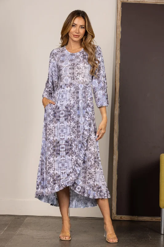 polyester midi dressesGREY PLEATED RUFFLED LONG SLEEVES MIDI DRESS VL5823A