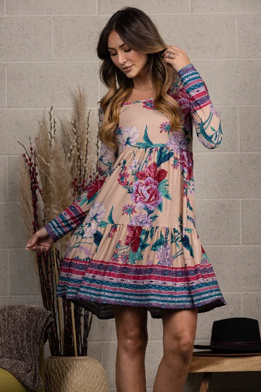 cotton midi dressesTAUPE FLORAL PRINT SQUARE NECK LONG SLEEVES MIDI DRESS-VC5562