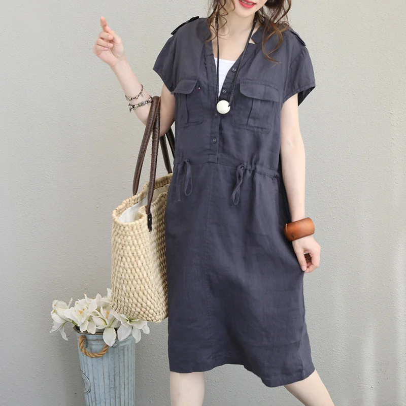 midi dresses for special occasionsboutique gray blue Midi linen dresses oversize traveling dress vintage short sleeve v neck tie waist natural linen dress