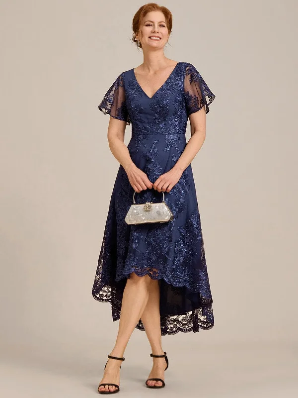 long midi dressesBonnie | Embroidered Mesh Double V Neck Midi Mother of the Bride Dress