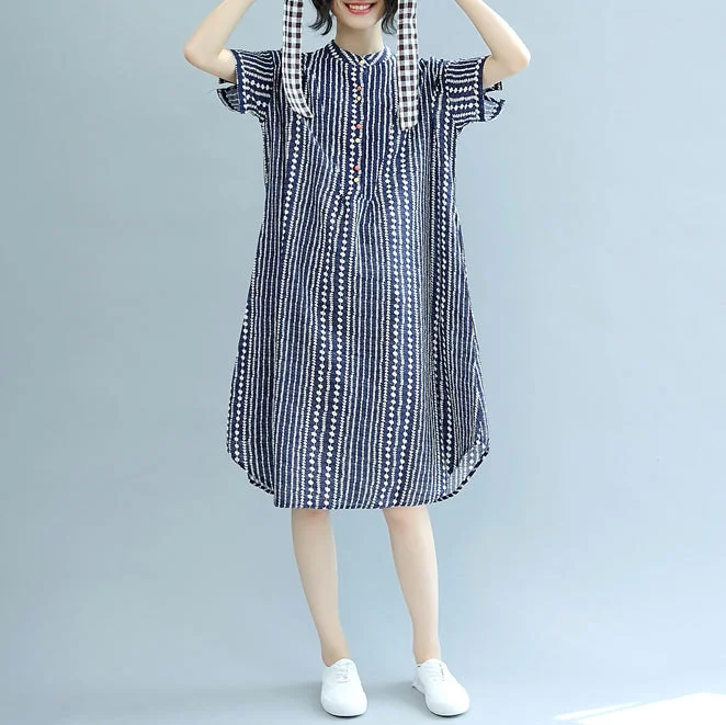 plus-size casual midi dressesstylish blue floral Midi-length cotton dress plus size clothing cotton maxi dress Fine short sleeve pockets Stand baggy dresses