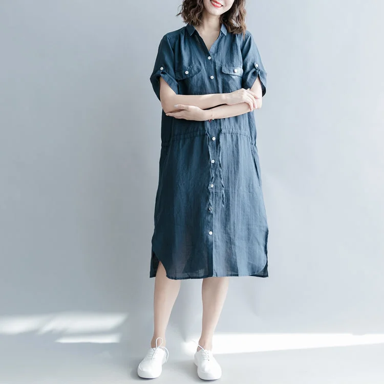 comfortable midi dressesboutique navy linen dresses oversize linen clothing dresses 2018 short sleeve pockets Turn-down Collar midi dress