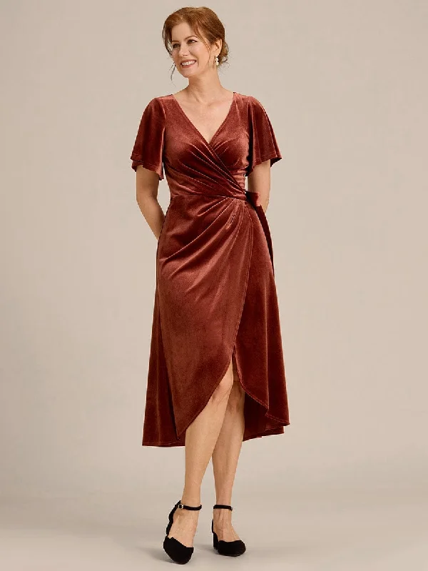 sleeveless midi dressesTala | One-Piece Type Short Sleeves V-Neck Velvet Midi Mother of the Bride Dress