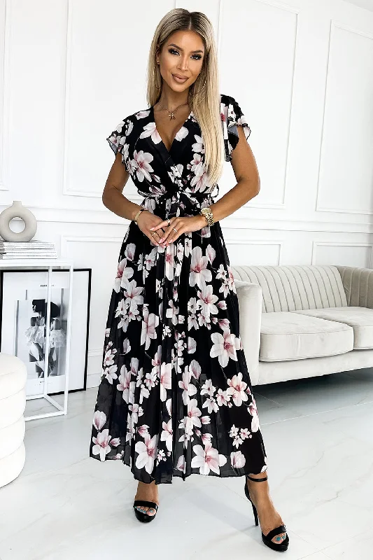 high-slit midi dressesLISA Pleated midi dress with a neckline and frills - peach blossom on a black background