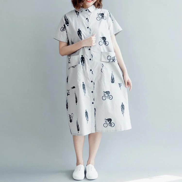 cinched-waist midi dressesboutique gray print pure cotton dress plus size casual dress boutique short sleeve pockets Turn-down Collar hollow out midi dress