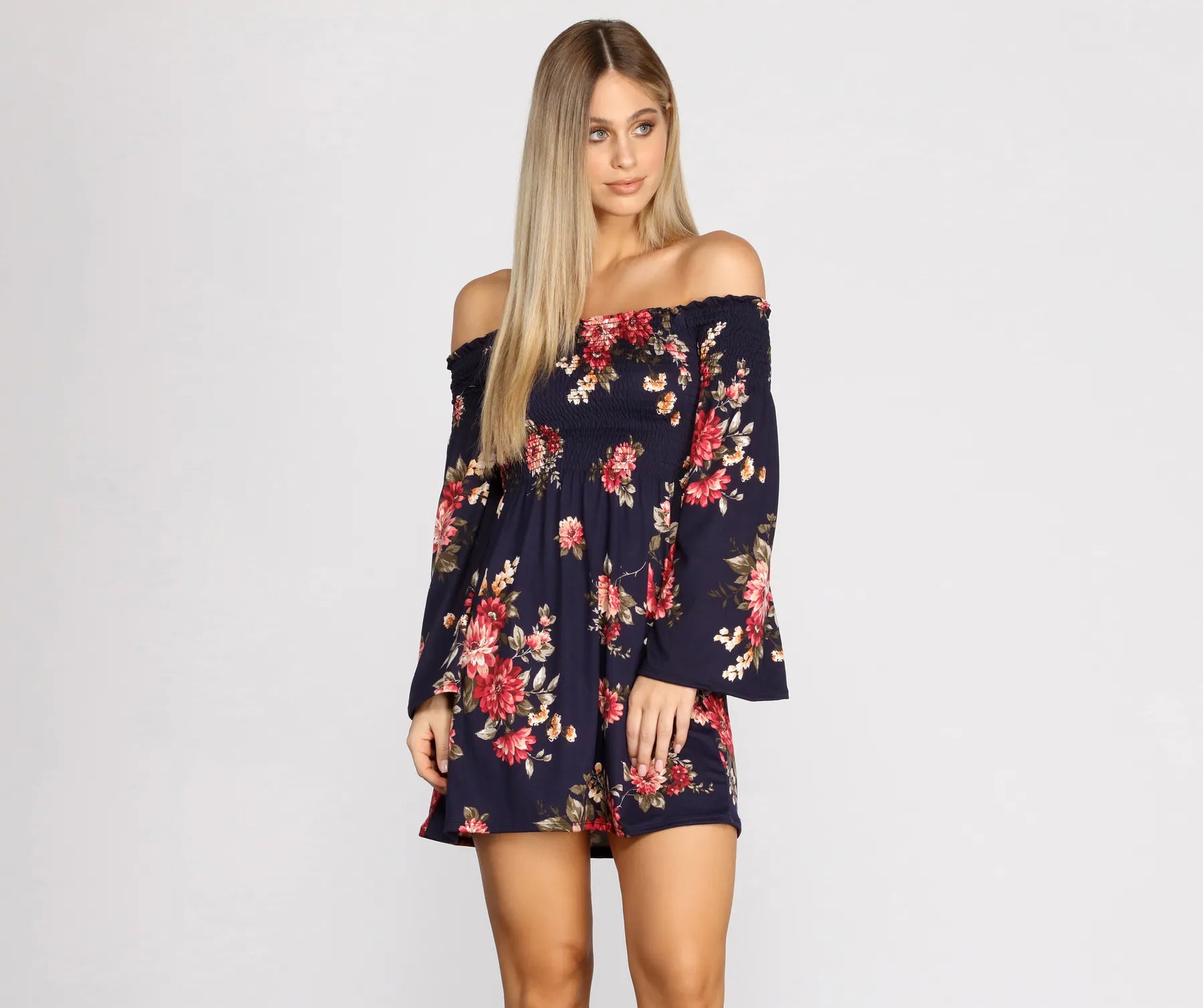 cheap floral print Mimi dressesBell Sleeve Beauty Floral Mini Dress