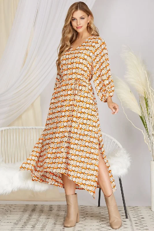 ruffled midi dressesGOLD PRINTED V-NECK 3/4 SLEEVES WOVEN MIDI DRESS S12SY3074