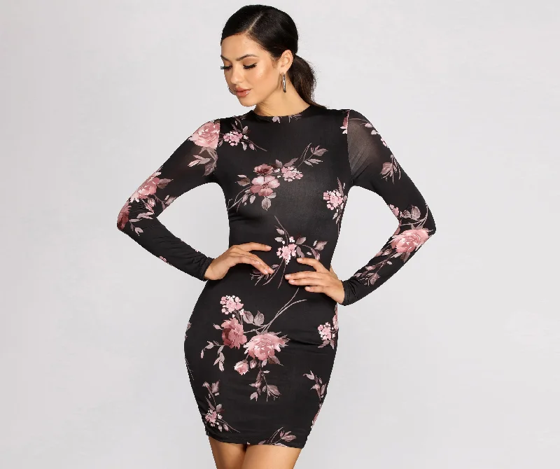 affordable floral Mimi dressesFloral Doll Long Sleeve Mini Dress