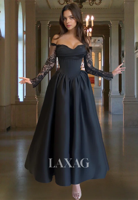 long-sleeved midi dressesA-Line Sweetheart Lace Long-Sleeves Prom Dress Off-Shoulder Pleated Beaded Satin Midi Evening Gowns