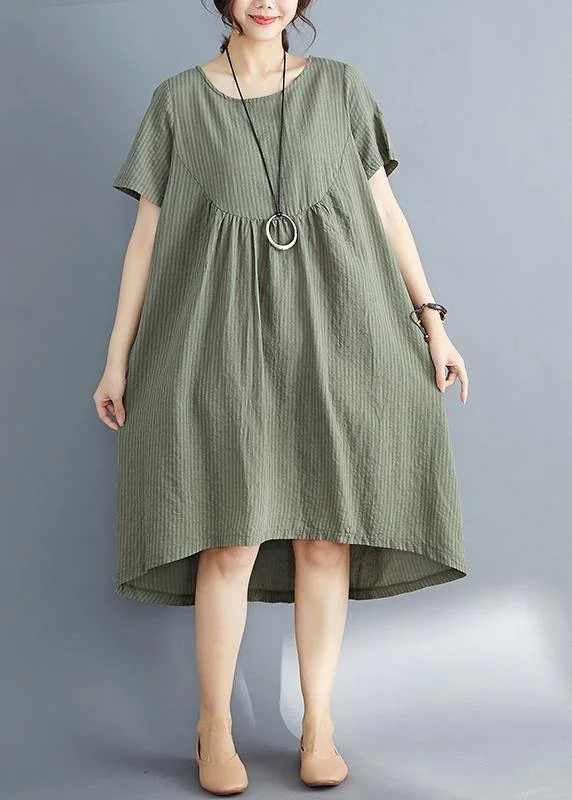 short sleeve midi dressesDIY o neck asymmetric Cotton clothes Women plus size Catwalk army green striped Midi Dress Summer