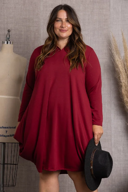 midi ball gown dressesBURGUNDY SOLID COLOR HOODIE LONG SLEEVES PLUS SIZE MIDI DRESS-4D2354-1