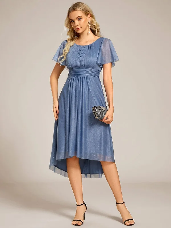 polyester midi dressesGlitter Short Sleeves Round Neck Midi Wedding Guest Dress