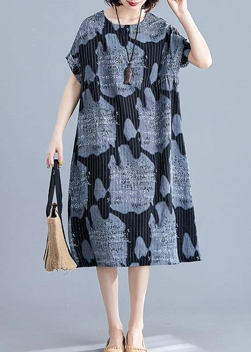 breathable midi dressesWomen black print linen cotton tunics for women striped o neck Midi summer Dress