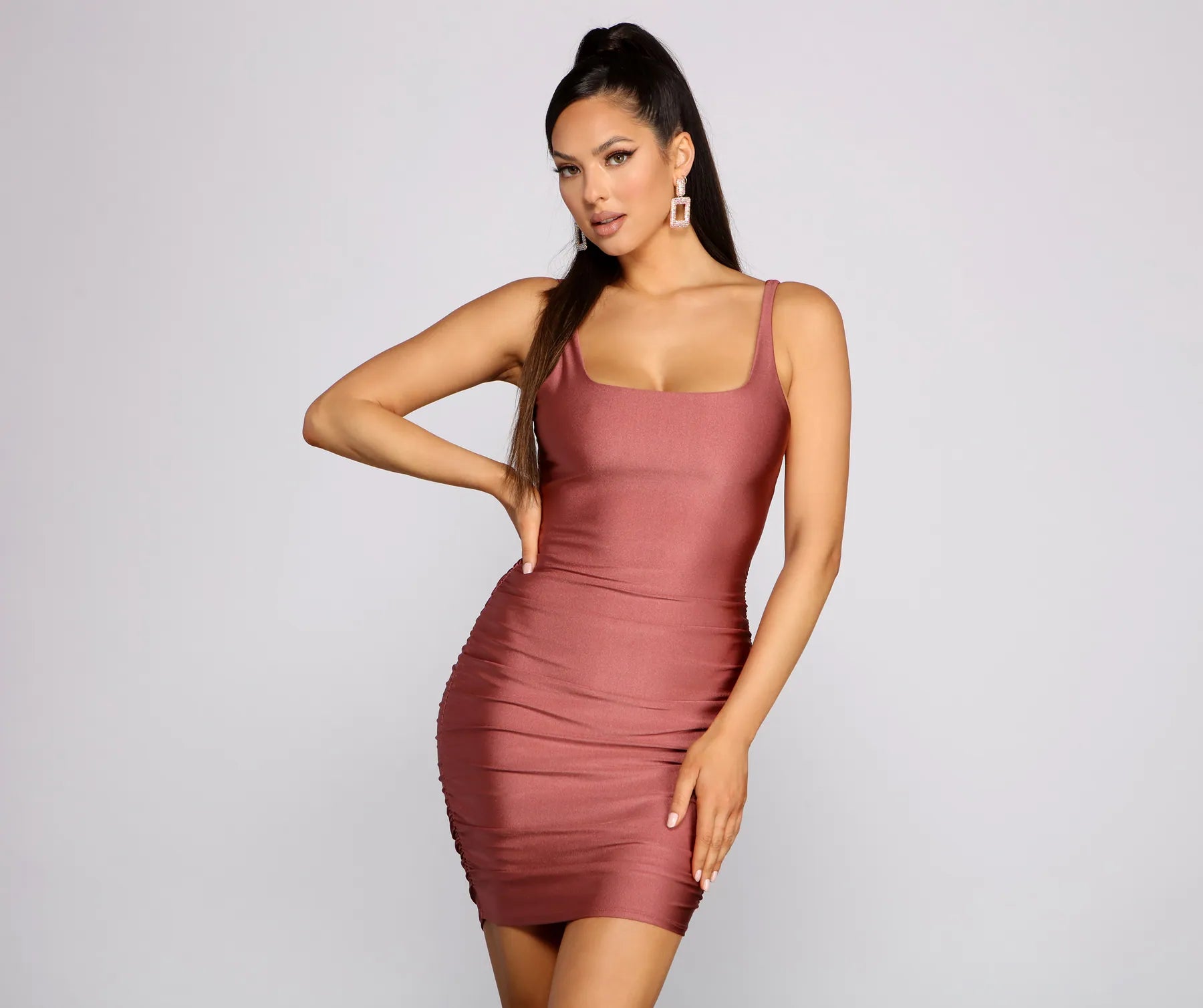 elegant high-low Mimi dresses for promsSleek And Stunning Ruched Knit Mini Dress