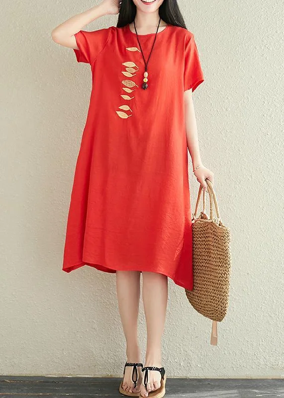 lightweight chiffon midi dressesModern red linen dress o neck embroidery Midi summer Dress