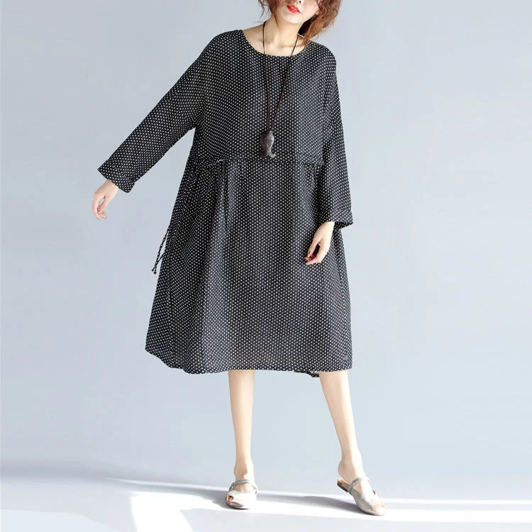 lightweight midi dressesFine black Midi-length cotton linen dress Loose fitting linen cotton dress vintage long sleeve large hem O neck tunic natural cotton linen dress