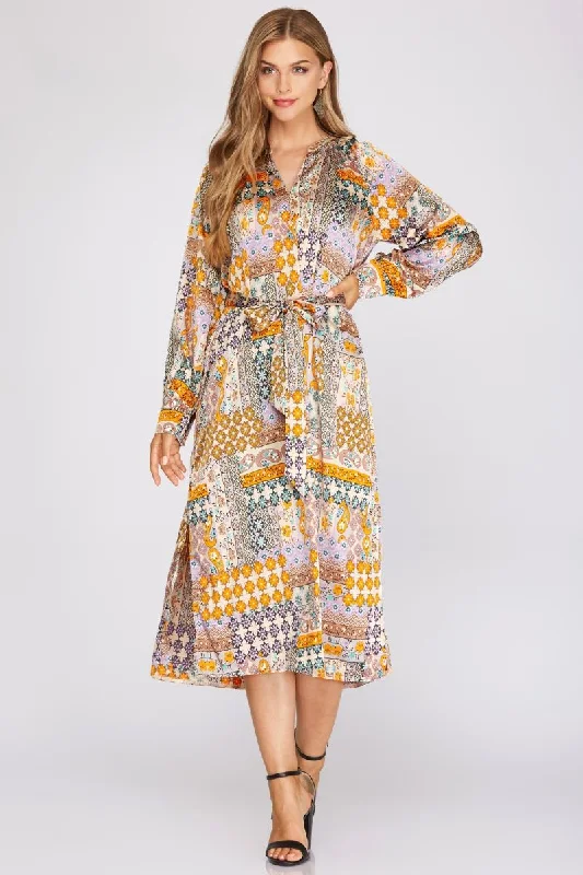 short sleeve midi dressesSUNFLOWER PATCHWORK PRINT LONG SLEEVES WOVEN MIDI DRESS S12SY3065