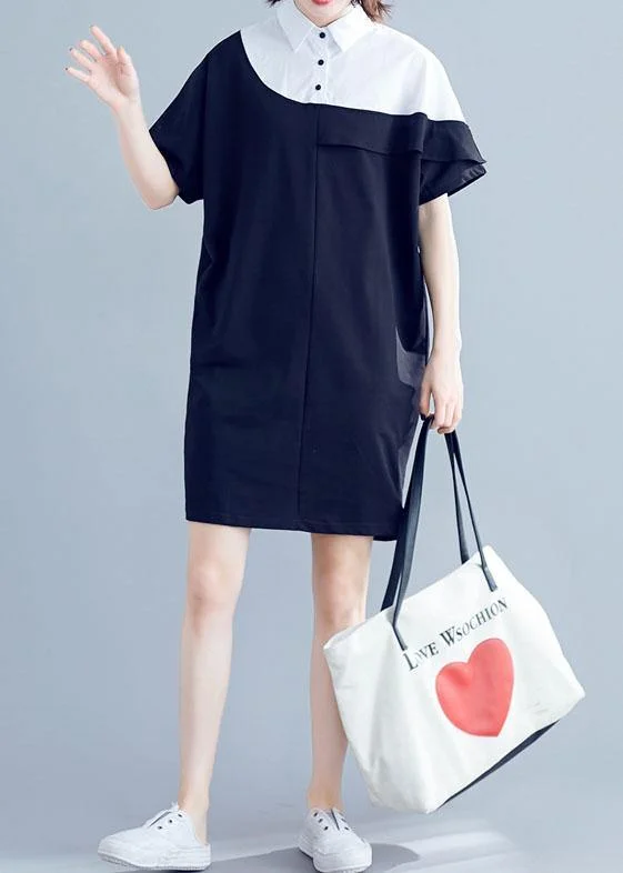 button-down midi dressesWomen navy Cotton dresses o neck patchwork Midi summer Dress