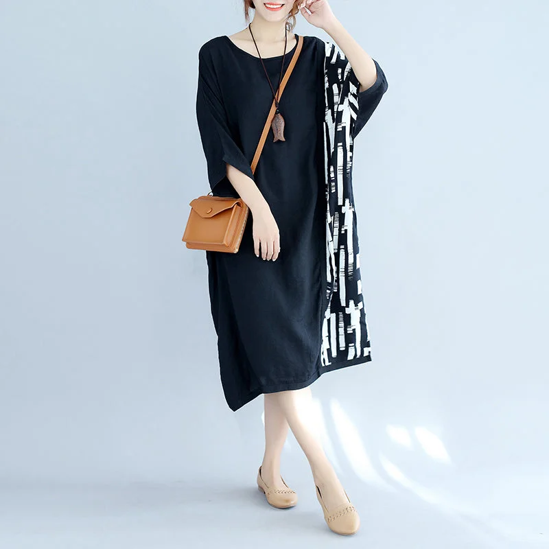 midi dresses in solid colorsbaggy black Midi-length cotton t shirt trendy plus size traveling clothing fine batwing sleeve patchwork natural cotton pullover