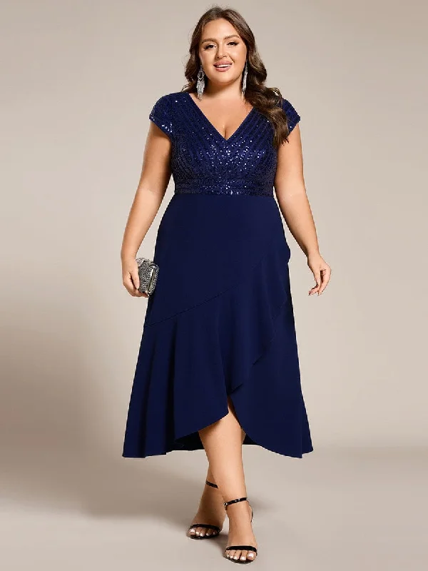 work-appropriate midi dressesPlus Size Sequin Bodice V-Neck Midi Chiffon Formal Dress