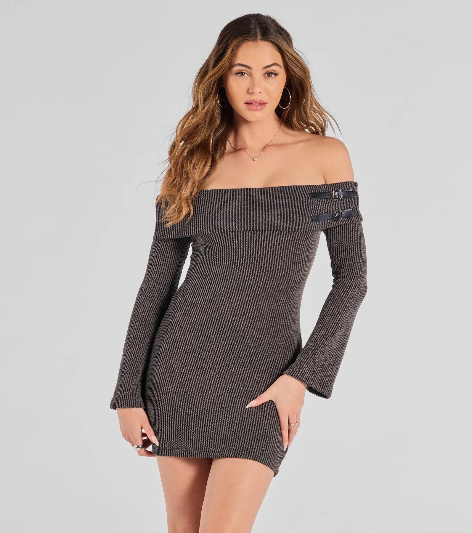 designer-inspired Mimi dresses for luxury on a budgetBuckled Beauty Off-The-Shoulder Knit Mini Dress