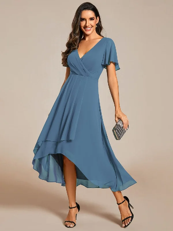 body-hugging midi dressesLana | Pleated Chiffon Ruffles Sleeve Midi Evening Dress