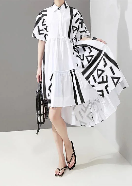 long midi dressesGeometric Printed Woman Summer Stylish White Midi Shirt Dress