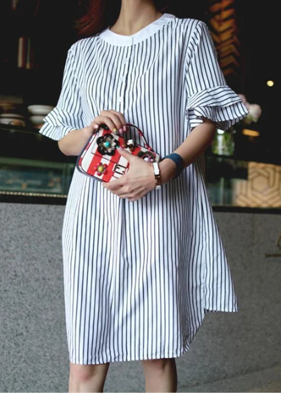 everyday midi dressesFrench striped Cotton quilting dresses o neck Ruffles Midi Dress