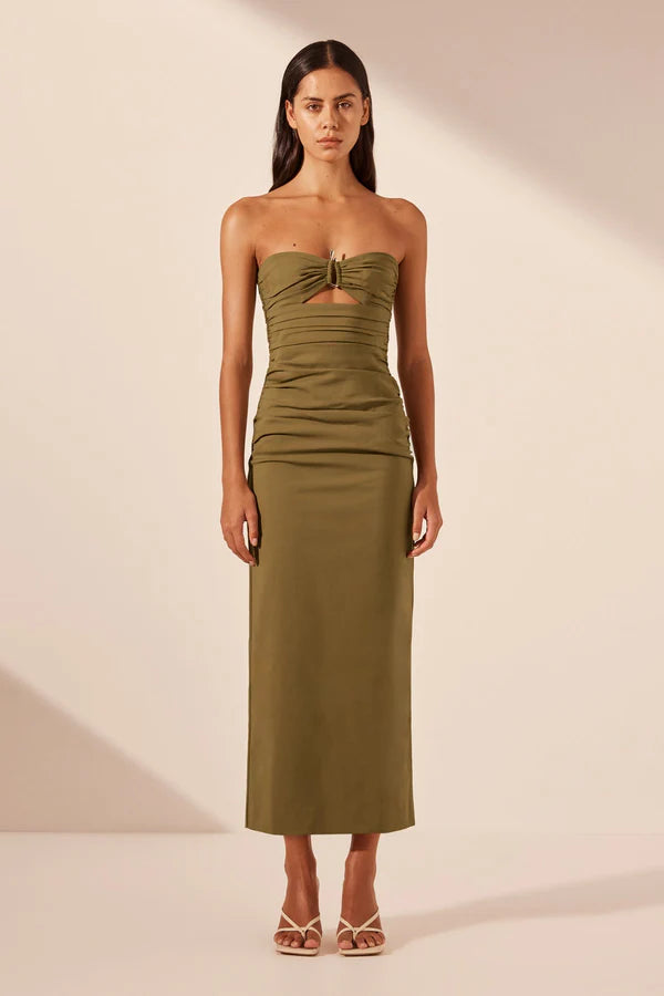 midi dresses for summerLani Strapless Gathered Midi Dress