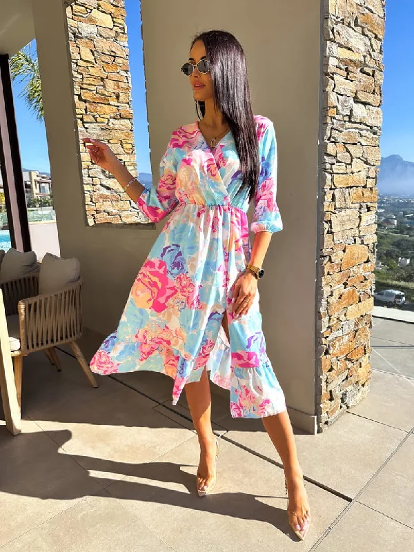 midi dresses for summerLillie Blue Floral Wrap Top Style Midi Dress