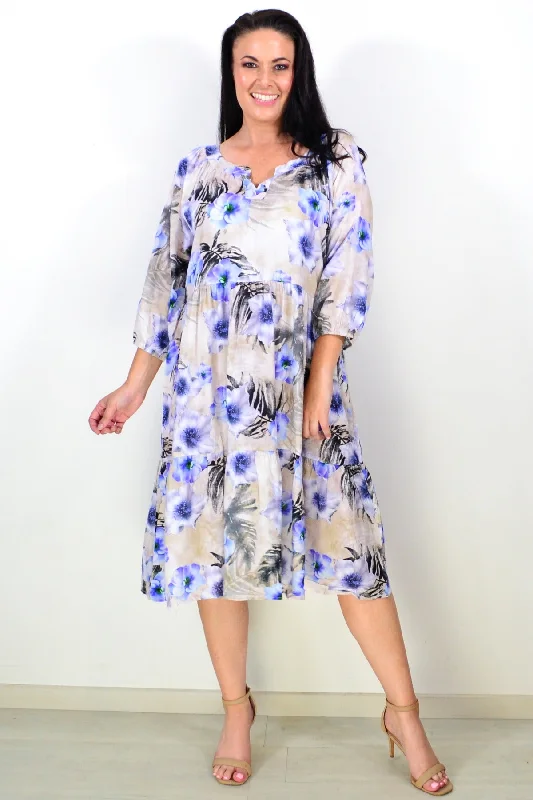 midi party dressesBeige Blue Floral Midi Tunic Dress