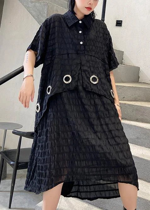 midi dresses for summerModern black Cotton Tunic lapel low high design Midi summer Dress