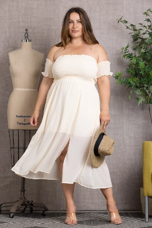 midi dresses for autumnIVORY CHIFFON OFF-SHOULDER PLUS SIZE MIDI DRESS-D4563SX