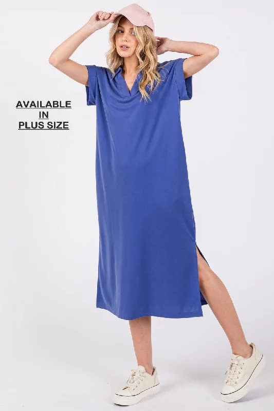 midi dresses for weddingsBLUE COLLARED ROLL-UP SHORT SLEEVES PLUS SIZE MIDI DRESS PDC50716SA