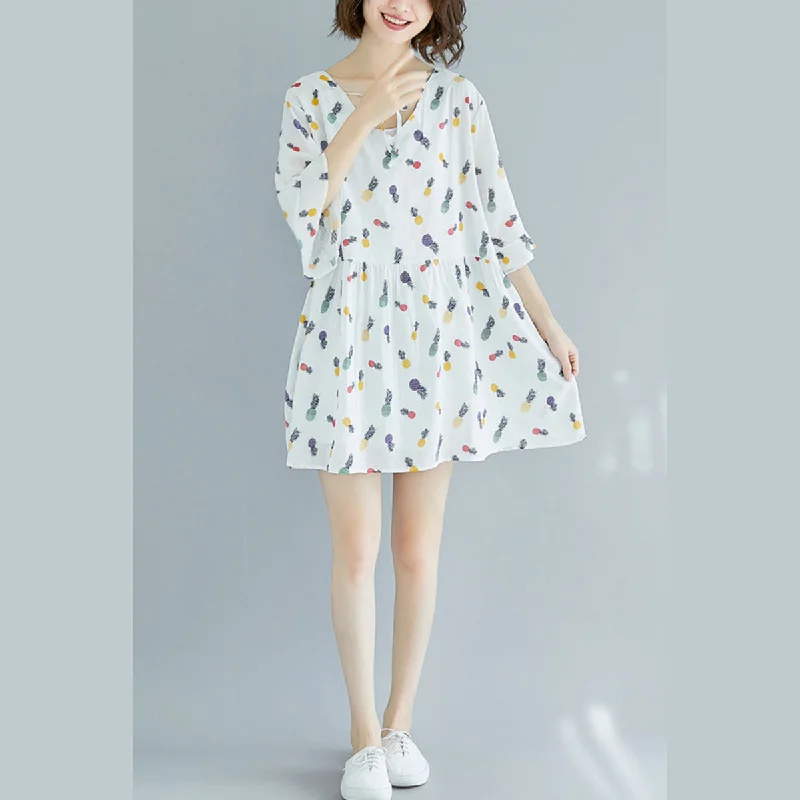 midi dresses made of silkElegant white Midi cotton dresses casual dress fine Half sleeve floral v neck knee dresses