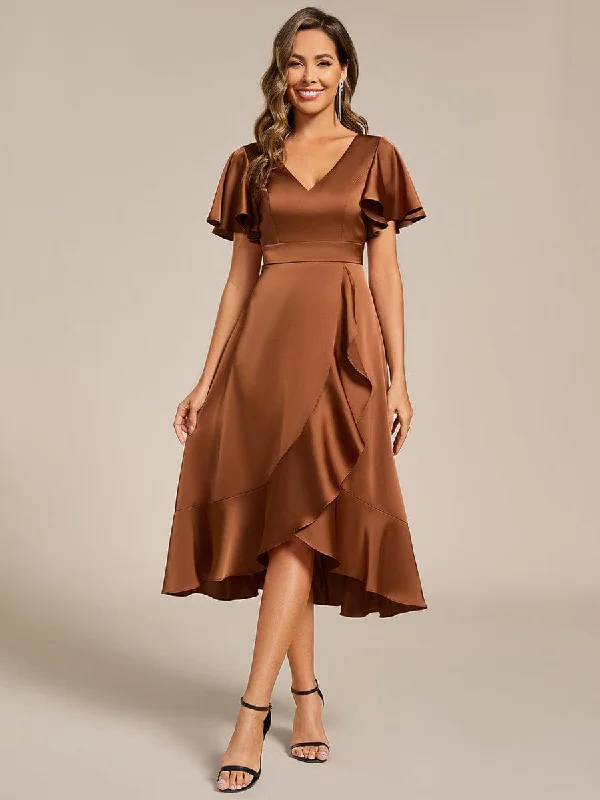 off-the-shoulder midi dressesV-Neck Satin Midi Wedding Guest Dress with Ruffled Skirt