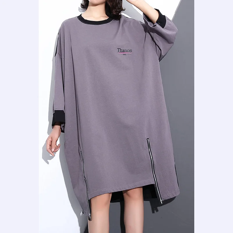 cotton blend midi dressesfashion gray Midi-length cotton dress plus size clothing autumn dress zippered baggy vintage O neck cotton dresses