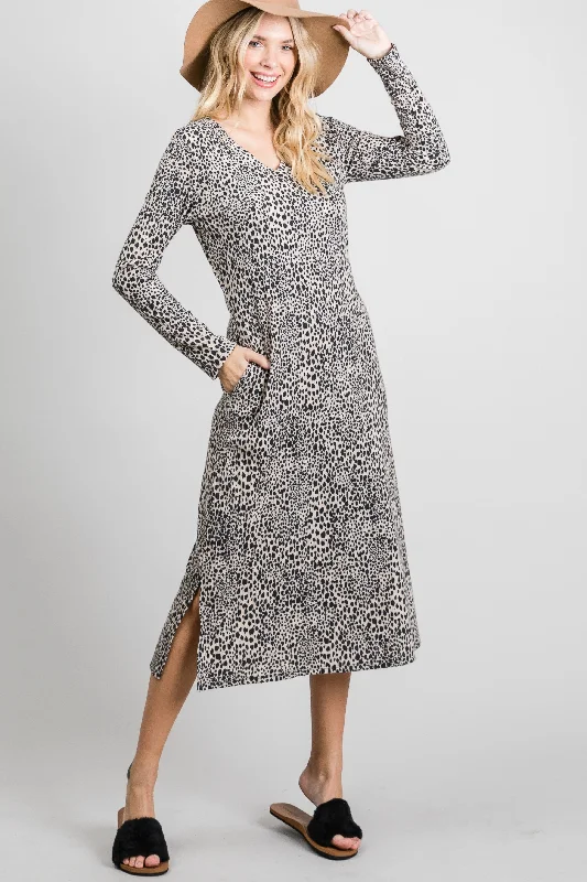 wrap-around midi dressesBEIGE LEOPARD BRUSH RIB LONG SLEEVES MIDI DRESS SO3423D