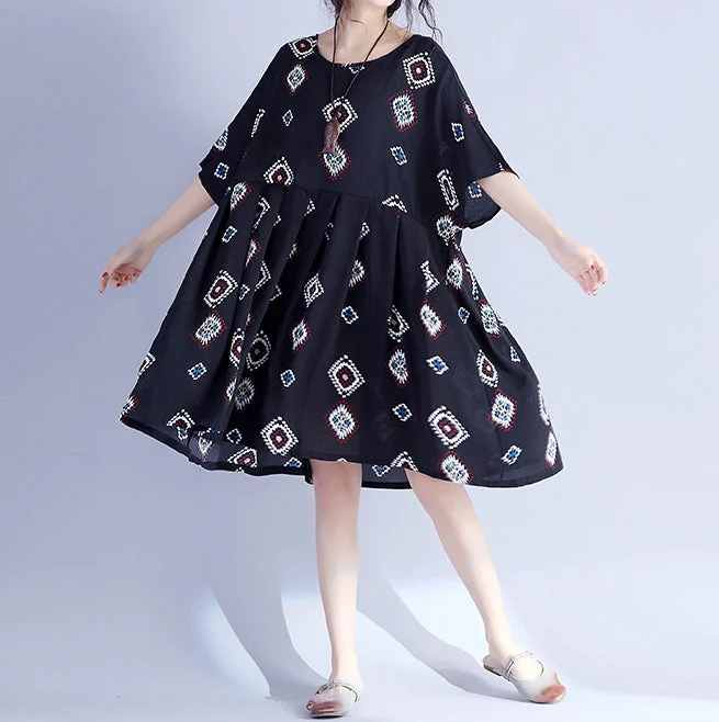 midi dresses with zippersElegant black prints Midi-length cotton dress casual traveling clothing New hig waist Cinched batwing sleeve cotton clothing dress