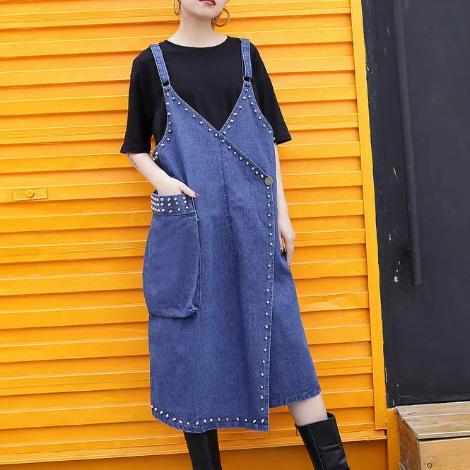 midi dresses with lace detailsstylish denim blue Midi-length cotton dress Loose fitting cotton maxi dress Fine rivet decorated sleeveless knee dresses